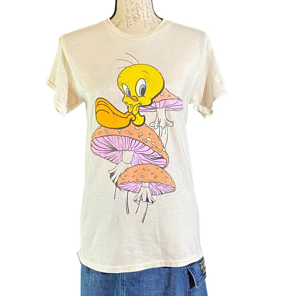Retro Looney Tunes Womens XS Tweety Mushroom Y2K Graphics Casual Short Sleeve